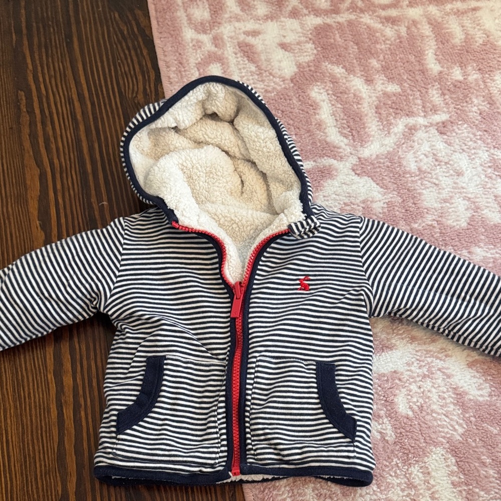Striped Hooded Baby Jacket with Red Accents
